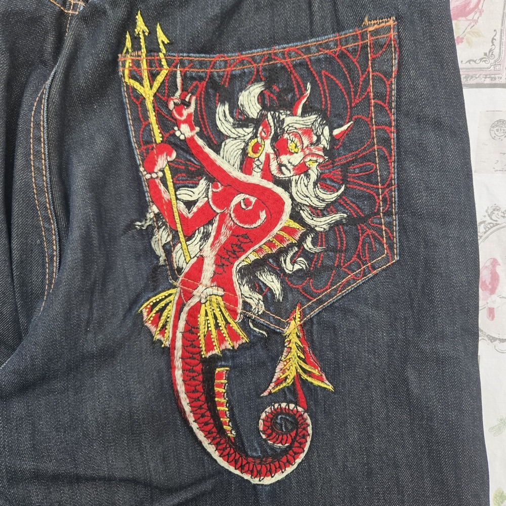 Rare VTG Ed Hardy Mens Blue Dragon Mermaid Embroidered Denim Jeans 38x34 Baggy - Picture 4 of 12